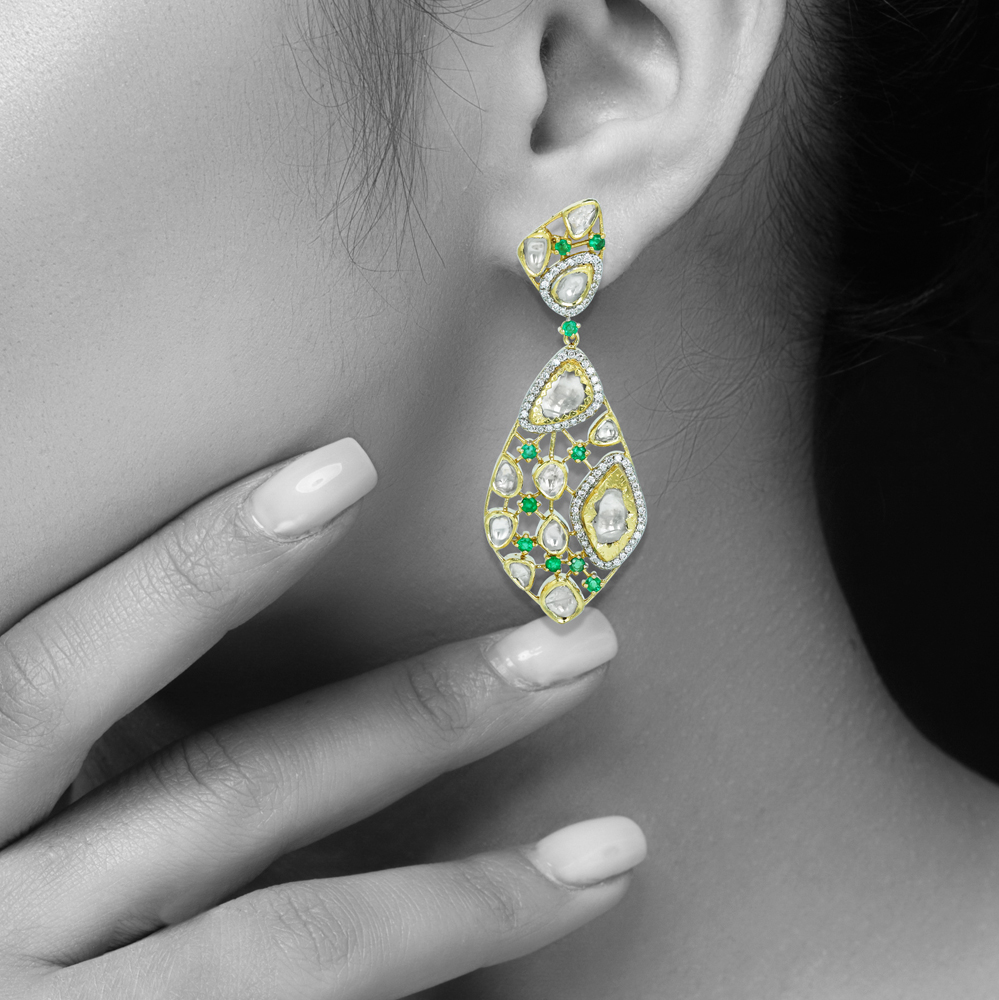 Polki Drop Earrings with Emerald Accents